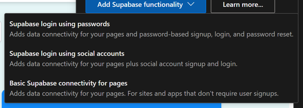 When the Add Supabase functionality is opened it offers three choices: Supabase login using password, Supabase login using social accounts and Basic Supabase connectivity for pages.