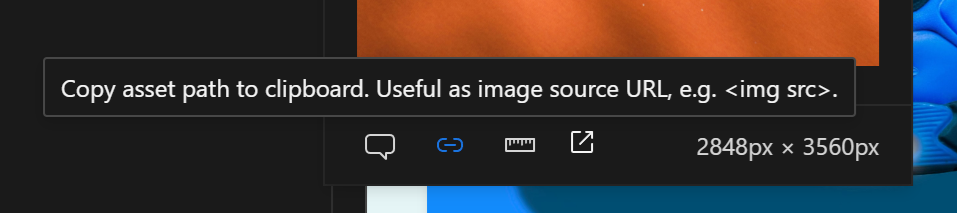 A close up of the link icon to copy the path of the asset.