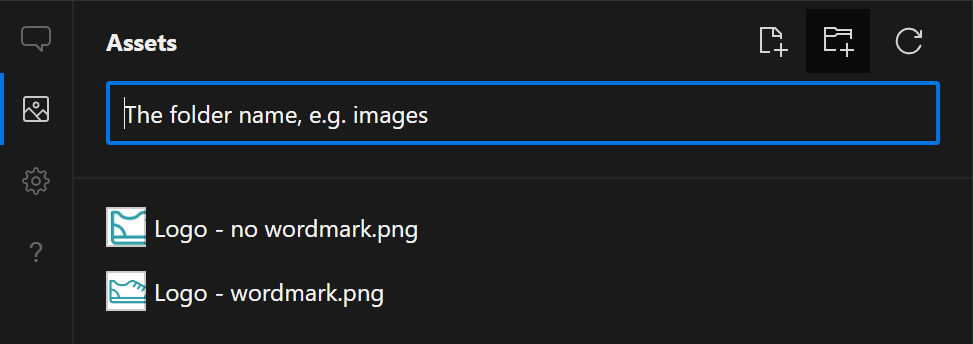 The icon button with a folder and a + is active, and a text field is ready to name the new folder being created.