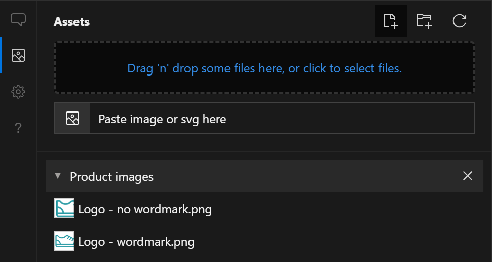 The Add files icon button is activated and the screen shows three ways of adding files to the folder: By dragging and dropping them onto the screen, by clicking to select the files or by pasting the files from the clipboard.