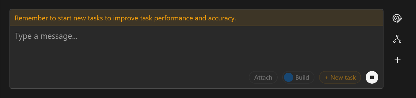 shows the prompt window with a warning message at the top saying Remember to start new tasks to improve task performance and accuracy.