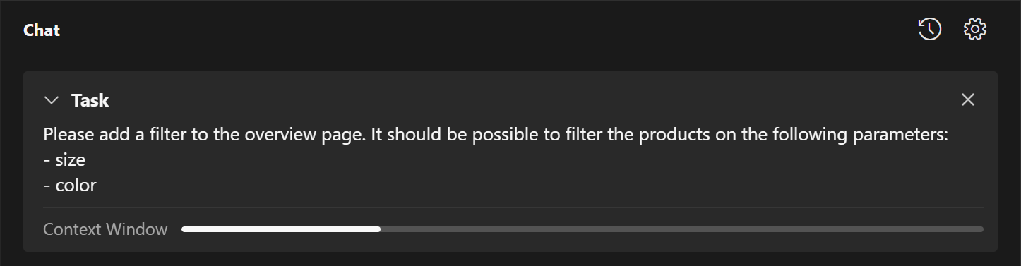 A close up of what the task box looks like. It has a paragraph containing the task's initial prompt and a progress bar with the label Context Window. The progress bar is one quarter full and white.