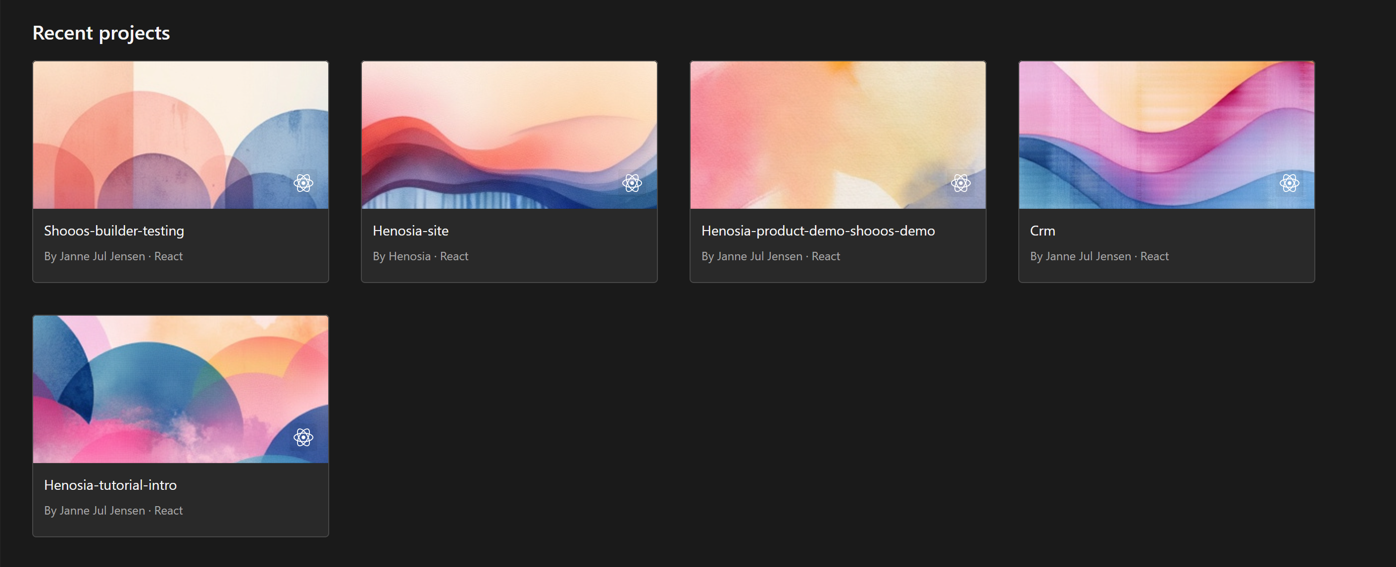 Image shows the middle part of the Dashboard, which contains an overview of the most recent projects. Each project has an image, a name and the name of the author.