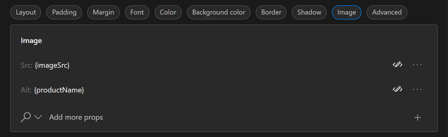 A close up of the Image property panel. It contains two fields, the source for the image and the alternative text for the image. It also allows to add more properties as needed.