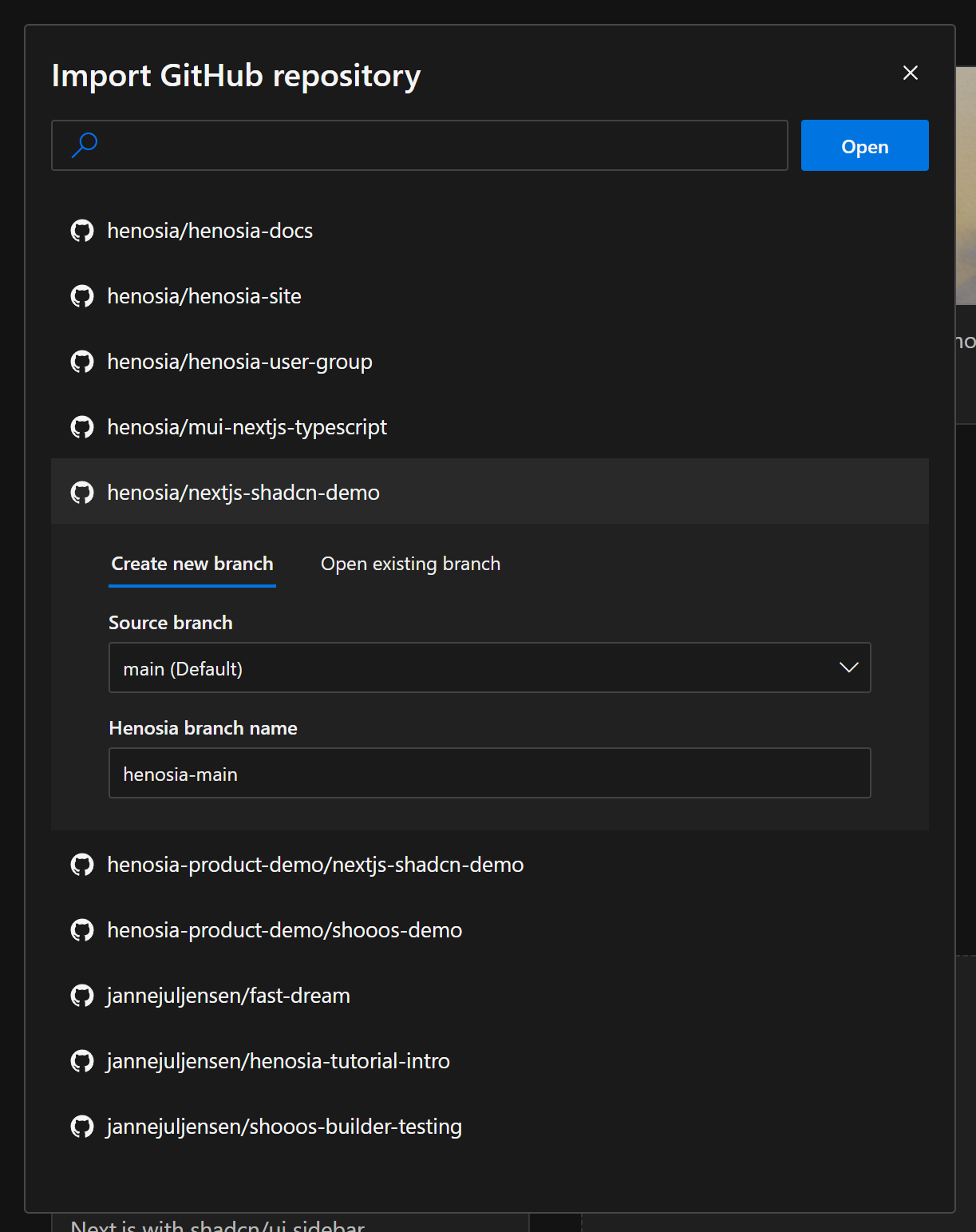 A modal for importing a GitHub repository. It lists all your repositories. You can then pick one and either open an existing branch, or create and name a new branch from an existing branch