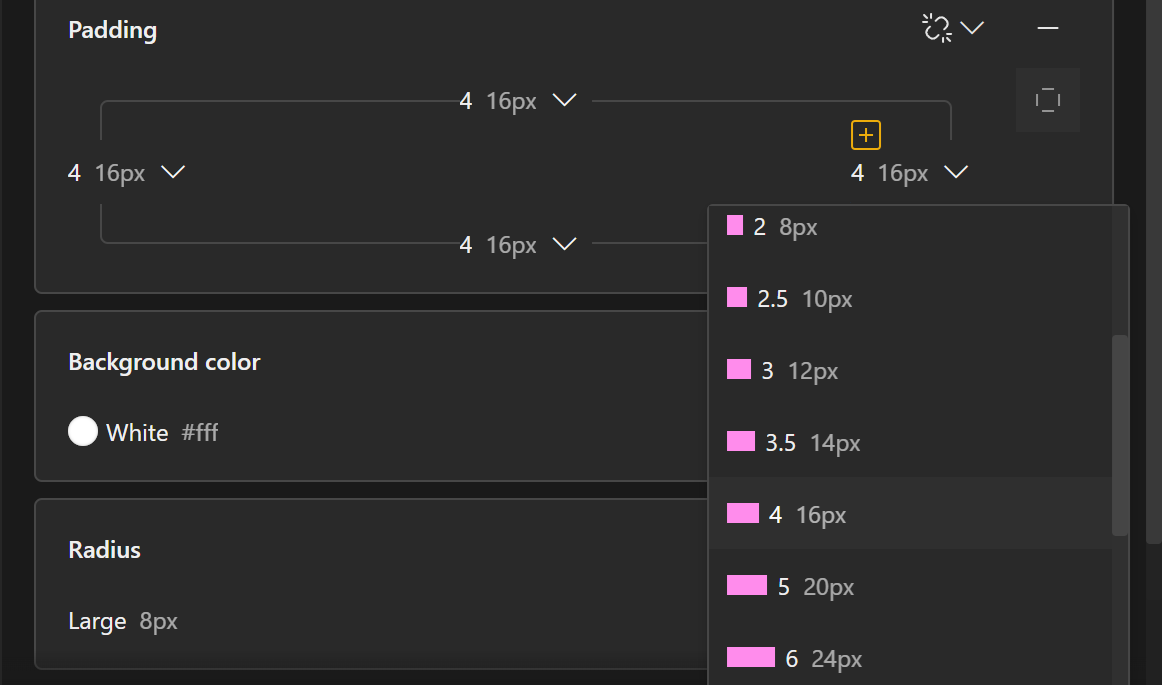 A close up of the Padding property panel. The icon for individual values is toggled on and the panel shows a square with a value picker on each side, allowing the user to pick an individual padding for each side of an element. One of the value pickers are open and shows a list of preset spacing values to choose between. Each value has a name and a pixel value.