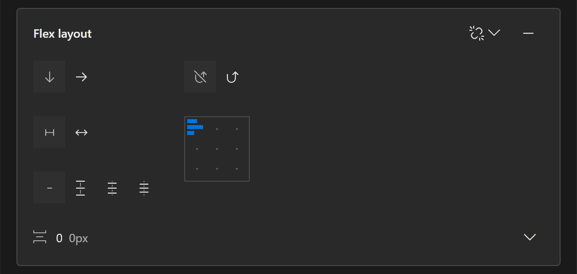 A close up of the Flex Layout property panel. It contains the properties Direction, Wrap, Stretch, Spread available space, Justification and alignement, and Gap. It also has a detach button and a remove button.
