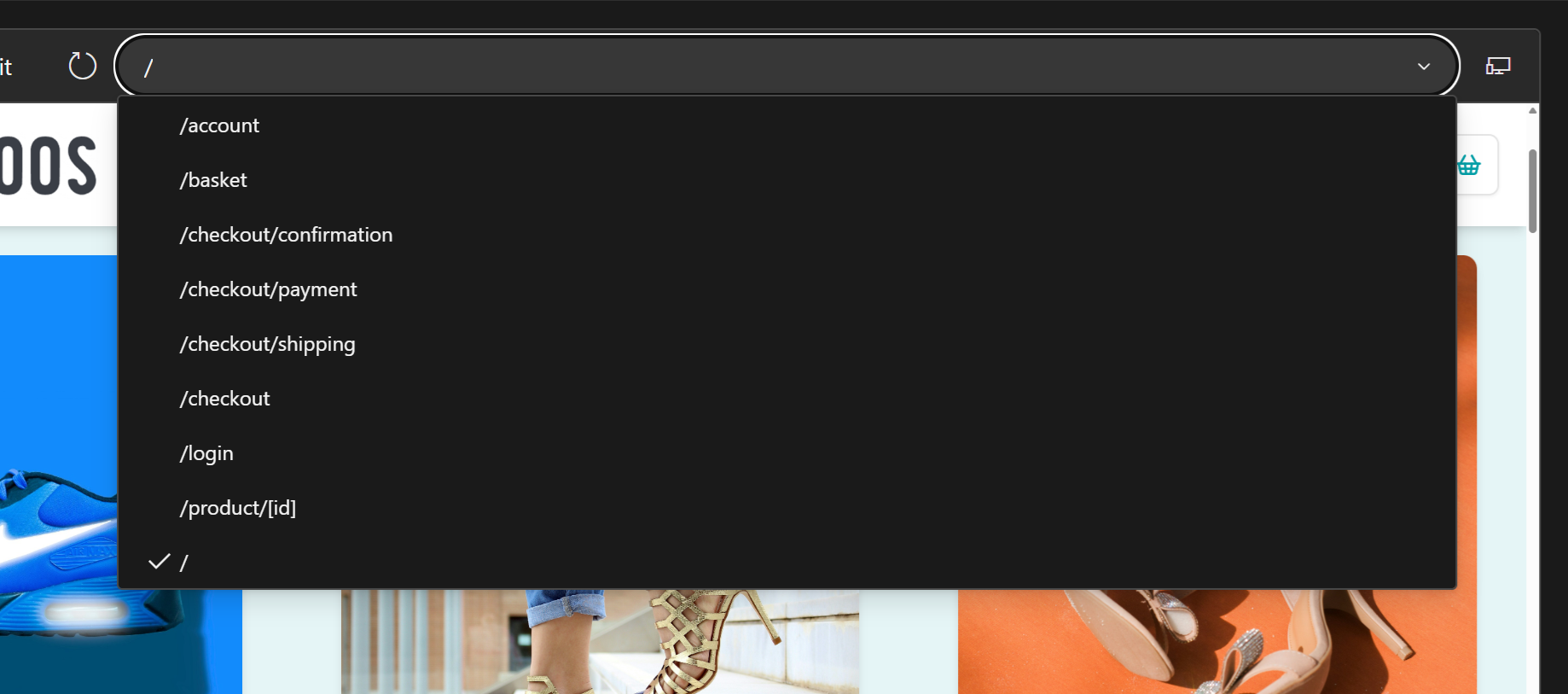 A close up of the drop down that appears below the URL field, when clicked. It contains a list of all the pages in the project.