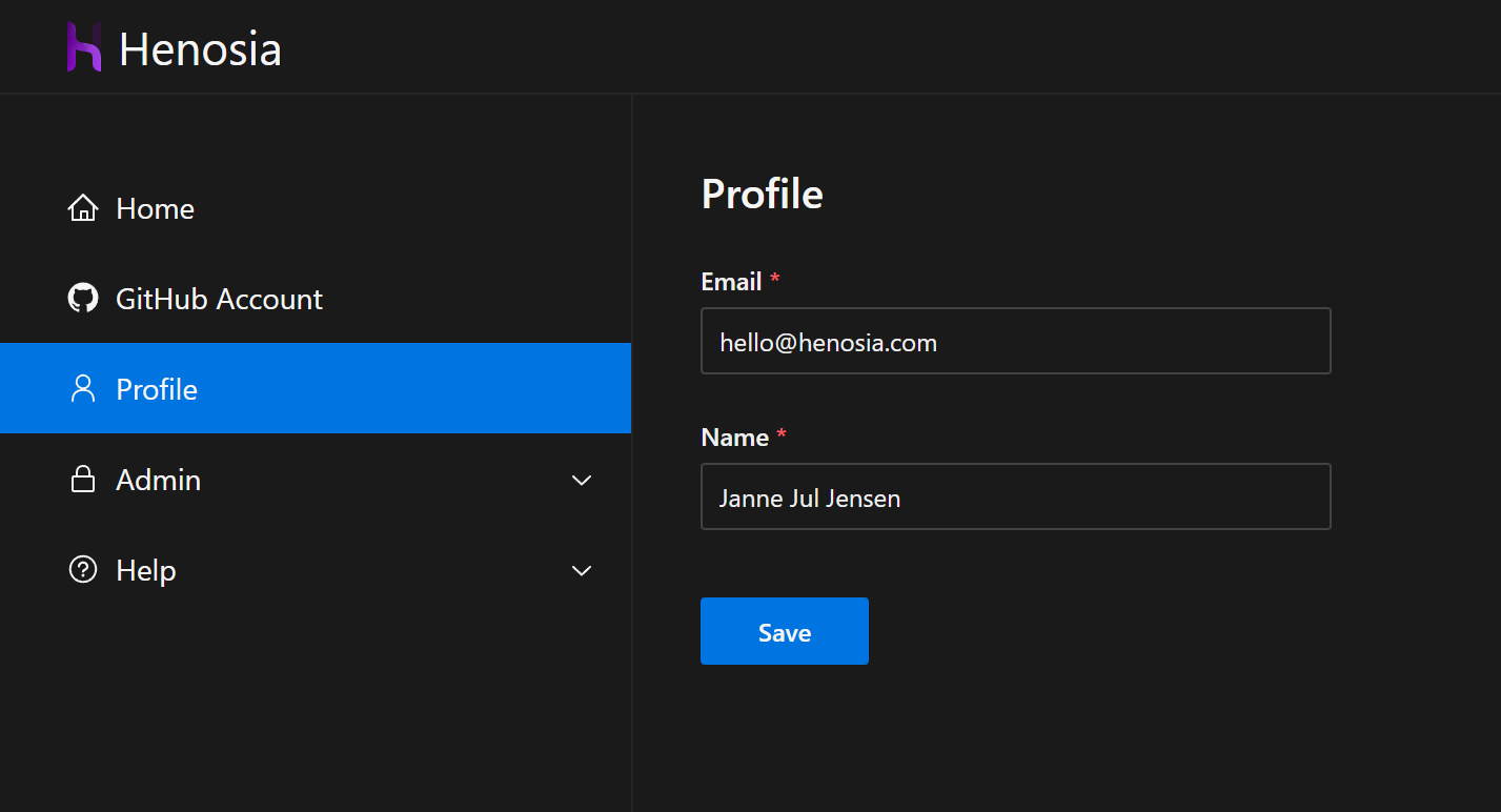 Image shows the content of the Profile menu point on the left. The content is an email field and a name field with a save button underneath.