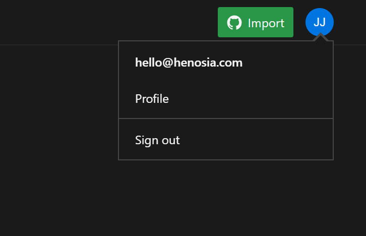 An image of the callout that opens when you click your profile picture at the top right. The callout shows the email that is logged in, a link to the profile and an option to log out.