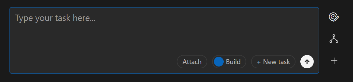 the prompt field with the shadow text Type your task here. It also contains an Attach button, a Plan/Build toggle, a New task button and a Submit button.