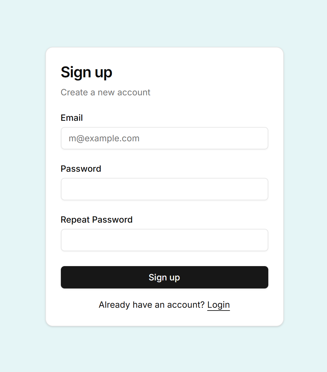 A close up of the sign up modal. It contains three fields, an email field a password field and a repeat password field. At the bottom the call to action button says Sign up.