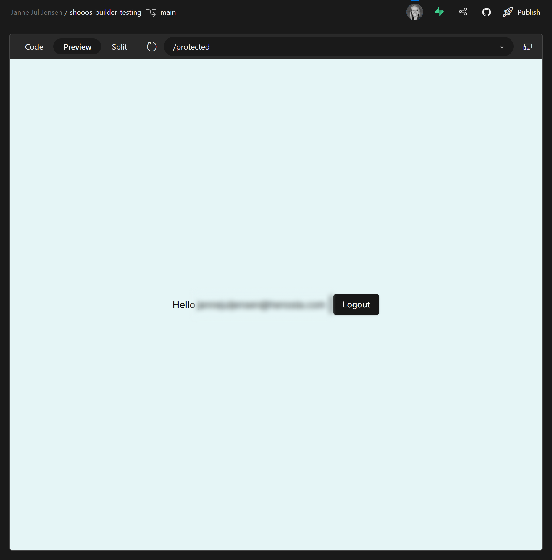 A screenshot of the /protected page. It is blank except one line of text reading Hello <email address>, followed by a logout button