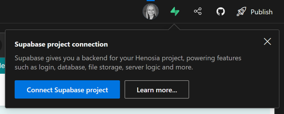 A close up of the modal opened by the supabase button. Its header reads Supabase project connection and the call to action button reads Connect Supabase project.
