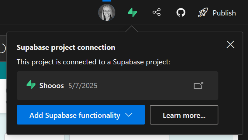 A modal showing the Supabase project that is connected to the Henosia project. The call to action button reads Add Supabase functionality and is a drop dwon button.