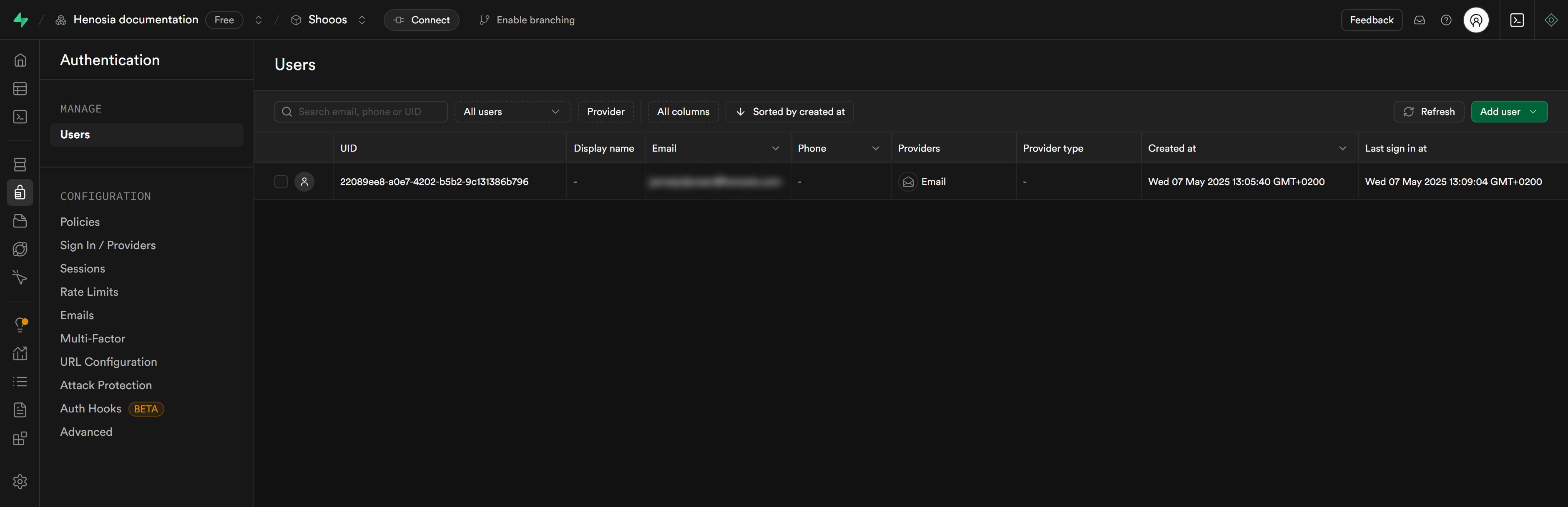 screenshot from Supabase showing the table of registered users. The table has columns for UUID, Display name, Email, Phone, Providers, Provider type, Created at and Last sign in at. There is one entry in the table