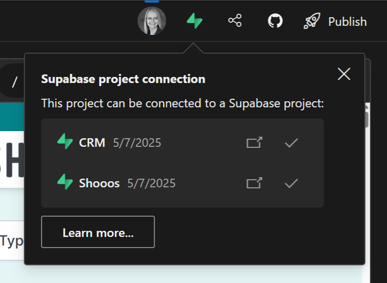 A modal listing the two Supabase projects to which the Henosia project can be connected, with a possibility to choose either of them.