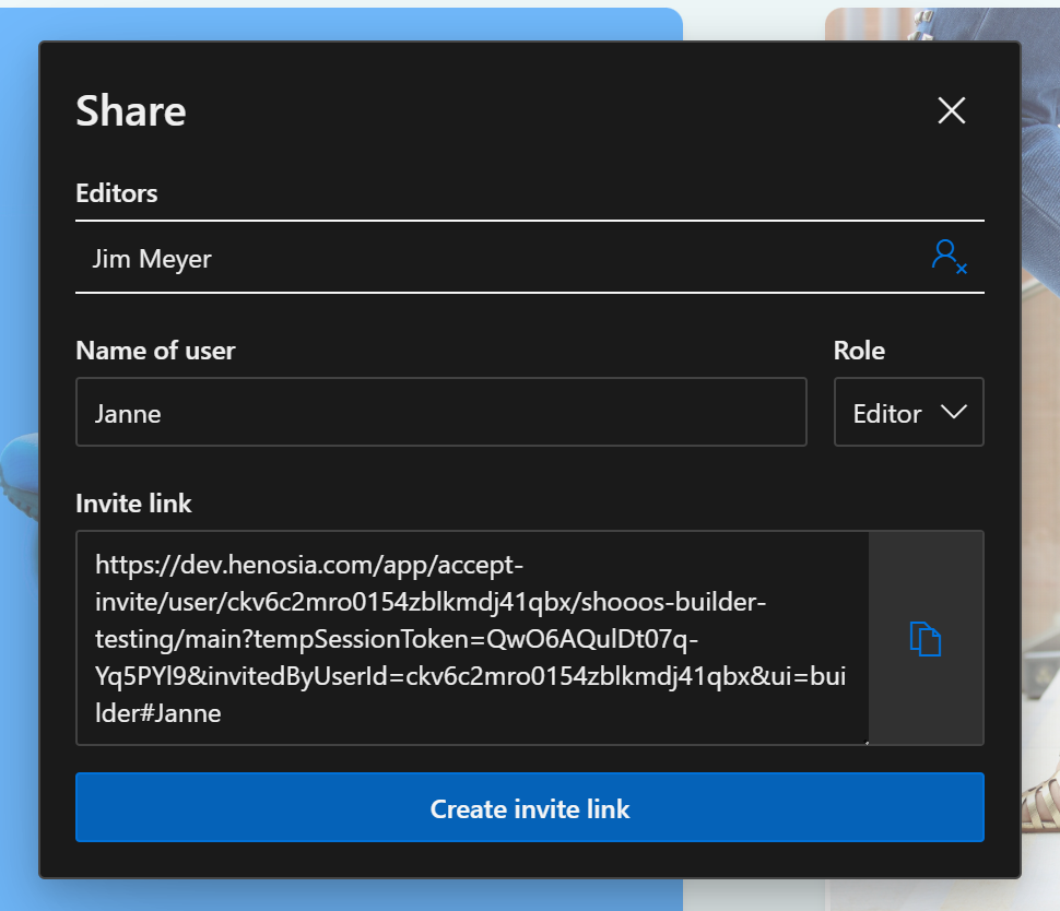 The same share modal now with a named new editor and a field containing a generated link to share, and a Copy button next to the link.