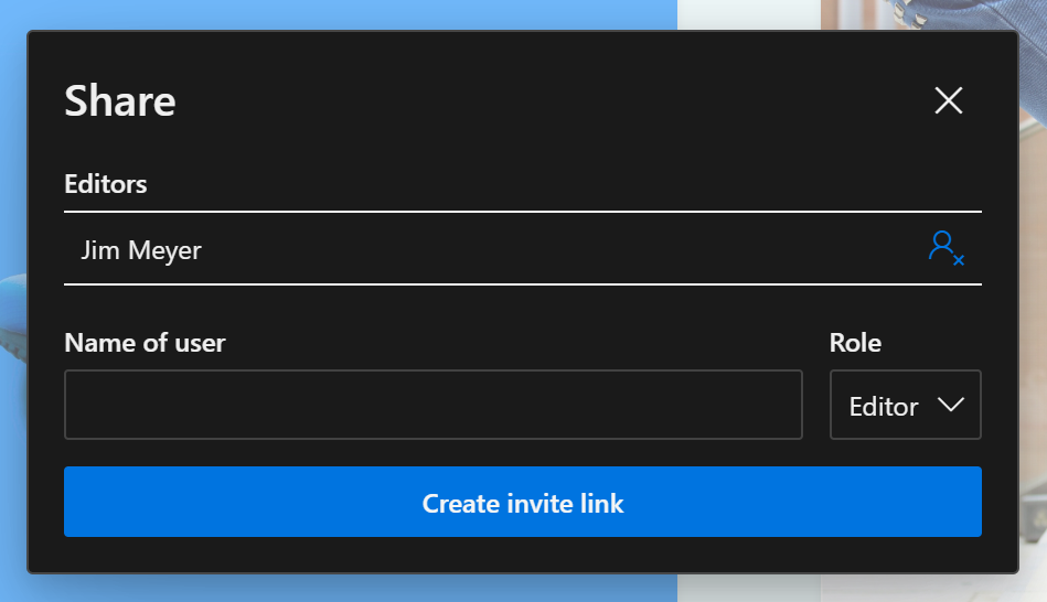 A share modal showing current editors of a project and a text field to add another editor. The CTA button says Create invite link