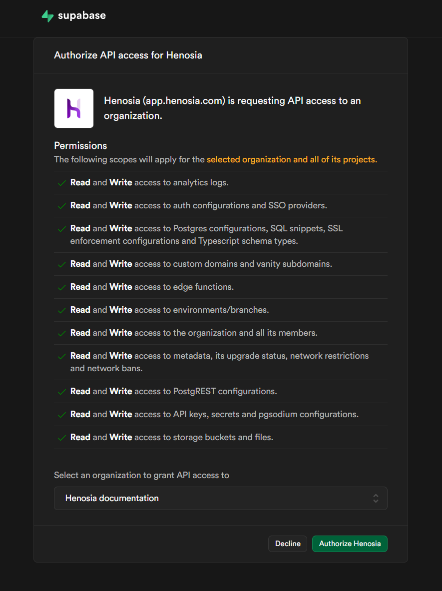 A screenshot from Supabase asking the user to authorize API access for Henosia. It shows a list of the read and write permissions involved, and a selector to select the organization to grant the access to, and then a call to action button reading Authorize Henosia.