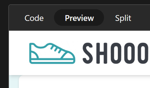 A close up of the triple toggle at the top of the view. The three choices to toggle between are Code, Preview and Split. Preview is default.